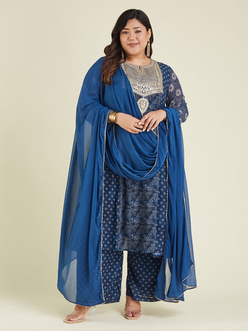Janasya Women's Plus Size Dark Blue Georgette Ajrakh Printed Embellished Anarkali Kurta Set